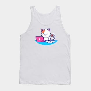 Cute Cat Working Laptop And Writing On Paper Tank Top